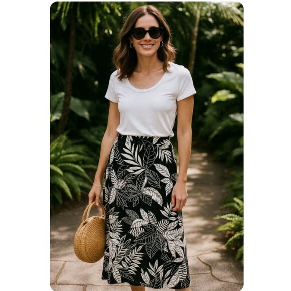 Talbots Black & White Botanical Print Jersey Knit Maxi Skirt - Picture 1 of 8